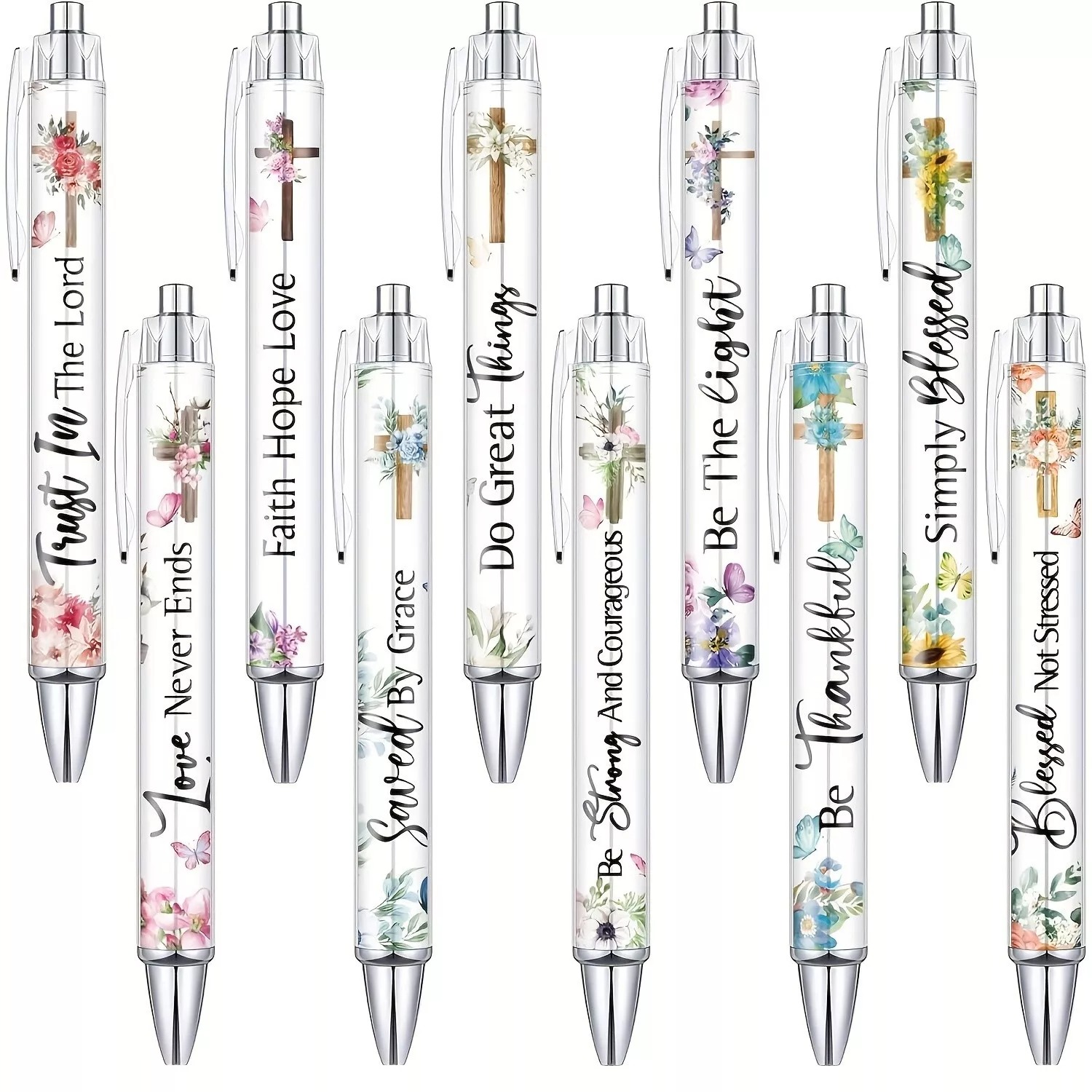 10 Black Ink Cross Bible Verse Flower Butterfly Retractable Plastic Ballpoint Pens