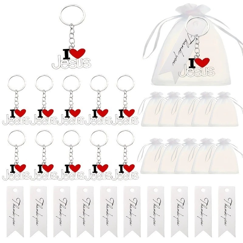 10 I Heart Jesus Keyrings With Bags & Thank You Notes Christian Gift