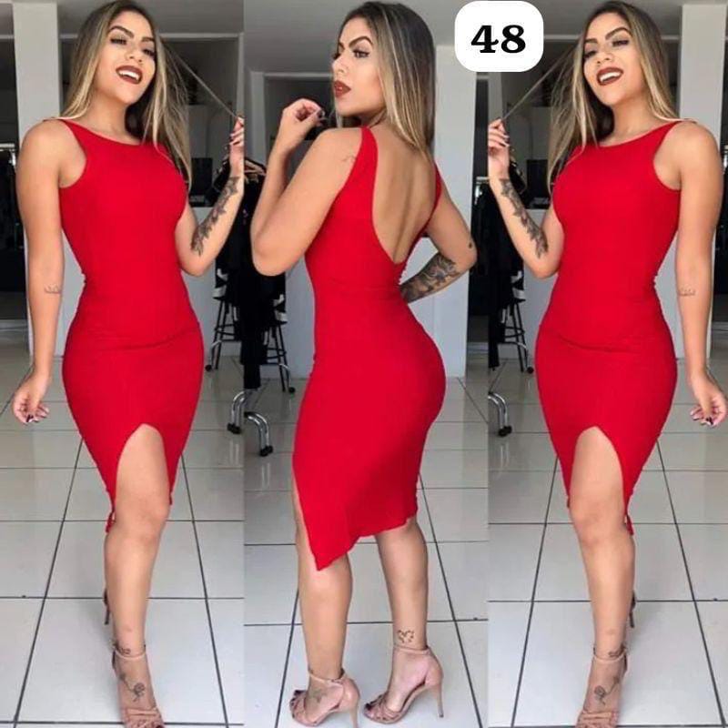 Vestido vermelho midi com fenda