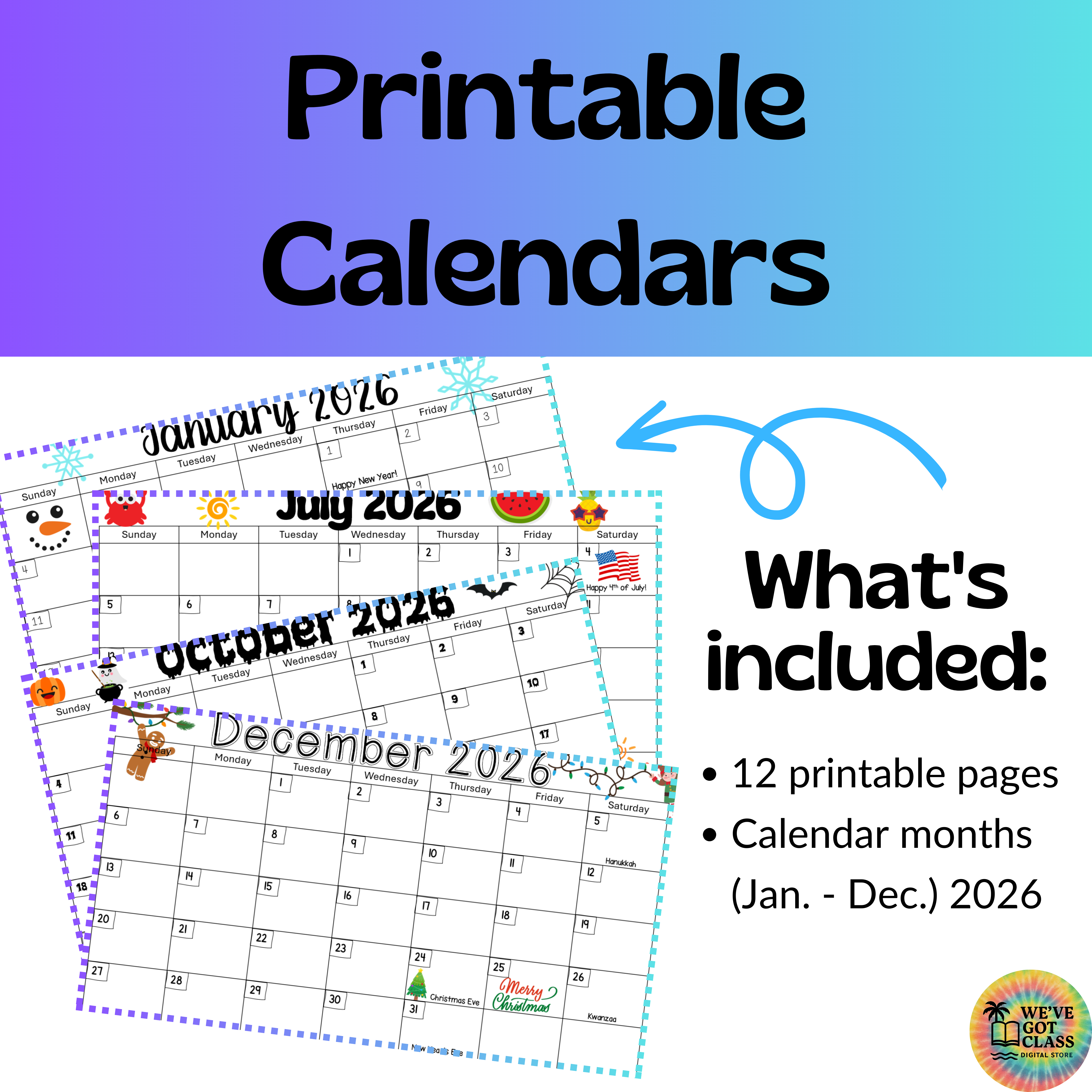 Printable Monthly Calendars 2026