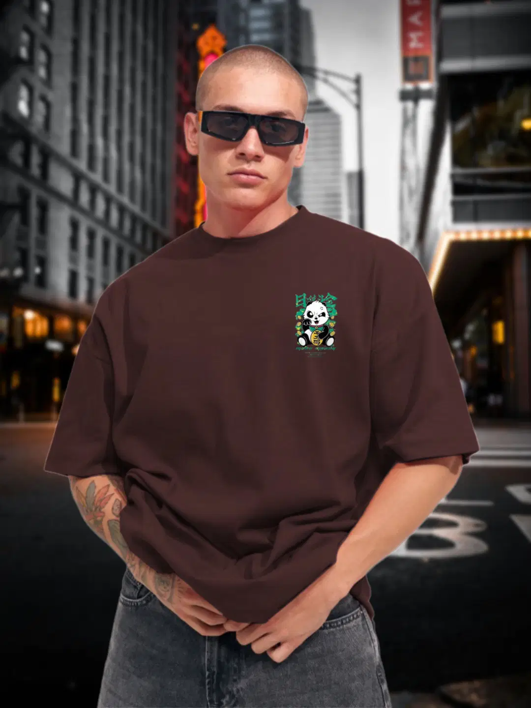 dos hermanos Men Cotton Blend Oversized Fit Printed T-Shirt ( Brown )