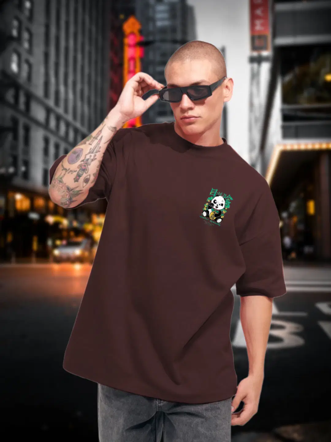 dos hermanos Men Cotton Blend Oversized Fit Printed T-Shirt ( Brown )