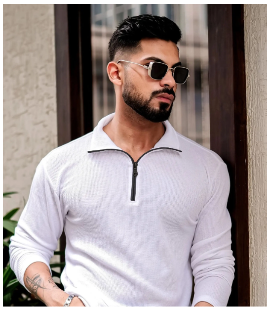 Kushi flyer Cotton Blend Regular Fit Printed Full Sleeves Men's Mandarin Collar T-Shirt - White ( Pack of 1 )