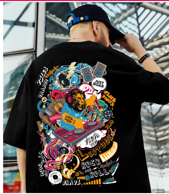 Leotude Men Cotton Blend Oversized Fit Printed T-Shirt ( Black )