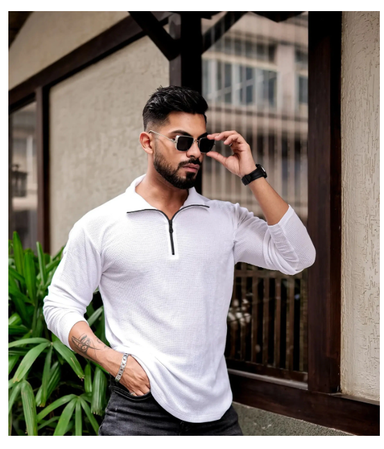 Kushi flyer Cotton Blend Regular Fit Printed Full Sleeves Men's Mandarin Collar T-Shirt - White ( Pack of 1 )