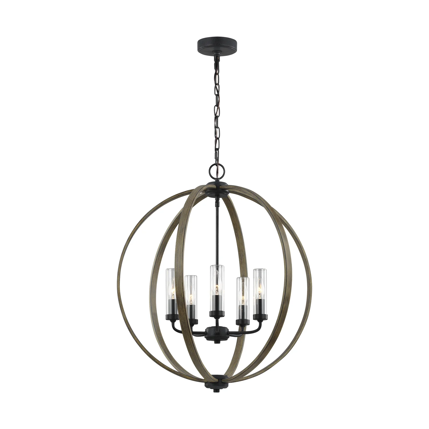 Allier Five-Light Outdoor Chandelier in Weathered Oak Wood & Antique Forged Iron