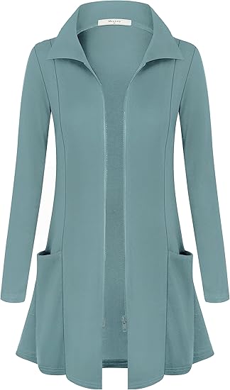 Miusey Womens Zip Up Tunic Sweatshirt Collar Neck Lightweight Long Jacket Cardigans