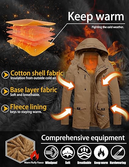  Men's Winter Jacket Cotton Military Jackets Fleece Lined Thick Work Warm Cargo Coats with Hooded