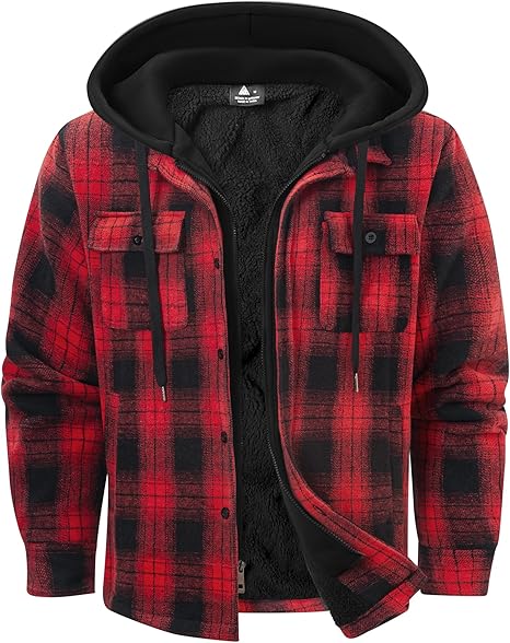 Men's Red Plaid Fleece Hooded Jacket