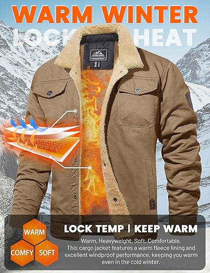 MAGCOMSEN Men's Winter Jacket Lined Sherpa Jacket Warm Trucker Coat Multi Pocket