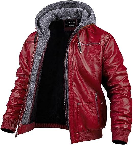 CREATMO US Men's Faux Leather Jacket  Waterproof Windproof PU Moto Vintage Bomber Hoodie with Removable Hood
