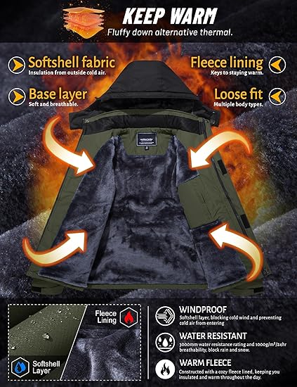 TACVASEN Men's Winter Skiing Jackets Water Resistant Fleece Coats Insulated Thermal Snowboard Jacket