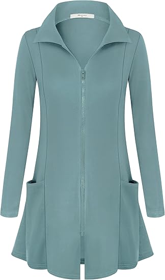 Miusey Womens Zip Up Tunic Sweatshirt Collar Neck Lightweight Long Jacket Cardigans