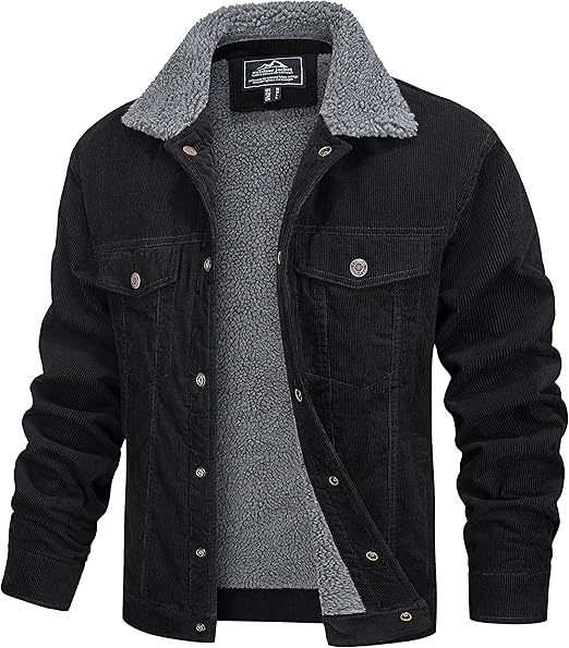 Men's Corduroy Jacket Winter Sherpa Lined Warm Thick Trucker Cargo Coat with 5 Pockets