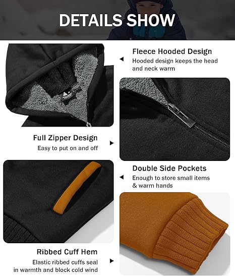 ZITY Boys Zip Up Hoodie Fleece Jacket Kids Sherpa Lined Sweatshirts Outerwear