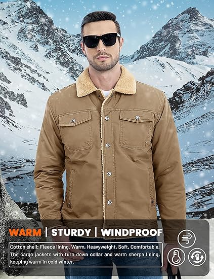 MAGCOMSEN Men's Winter Jacket Lined Sherpa Jacket Warm Trucker Coat Multi Pocket