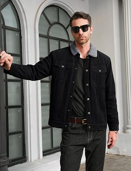 Men's Corduroy Jacket Winter Sherpa Lined Warm Thick Trucker Cargo Coat with 5 Pockets