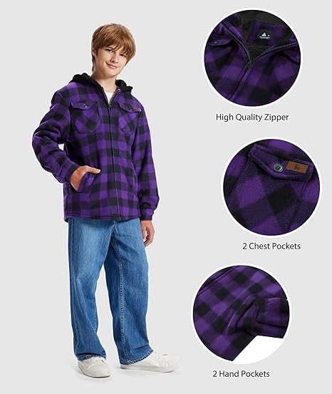 ZITY Boys Flannel Shirt Jacket Fleece Sherpa Lined Plaid Jackets