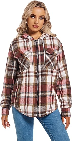 Women's Full Zip Fleece Flannel Jacket Plaid Sherpa Lined Jacket for Women