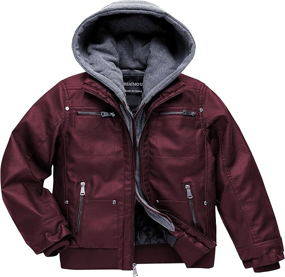 Boy's Faux Leather Jacket Windproof Warm Winter Coat Kids Bomber Outerwear Waterproof PU Motorcycle Jacket