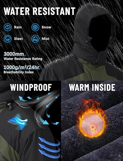 TACVASEN Men's Winter Skiing Jackets Water Resistant Fleece Coats Insulated Thermal Snowboard Jacket