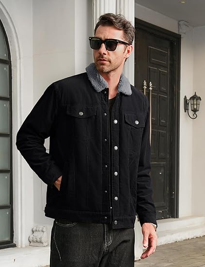 Men's Corduroy Jacket Winter Sherpa Lined Warm Thick Trucker Cargo Coat with 5 Pockets