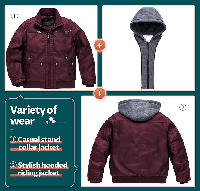 Boy's Faux Leather Jacket Windproof Warm Winter Coat Kids Bomber Outerwear Waterproof PU Motorcycle Jacket