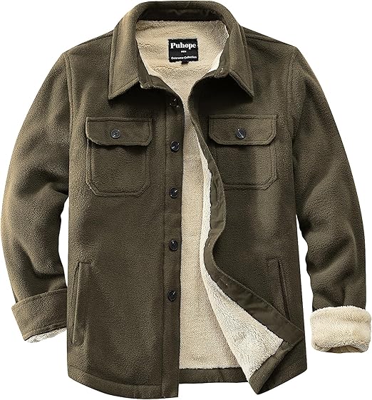 Men's Polar Fleece Warm Sherpa Lined Shirt Jacket for Men Thick Button Down Jacket