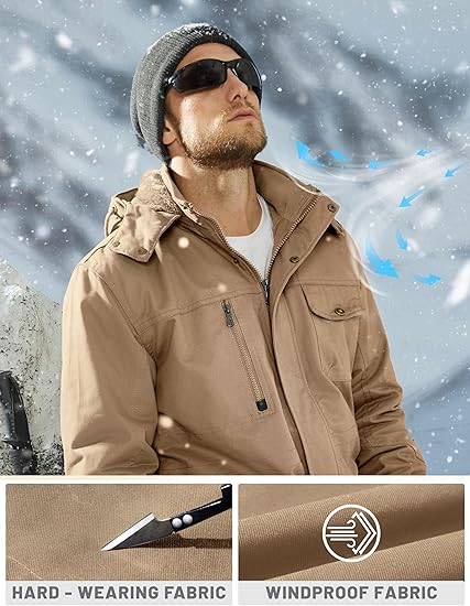  Men's Winter Jacket Cotton Military Jackets Fleece Lined Thick Work Warm Cargo Coats with Hooded