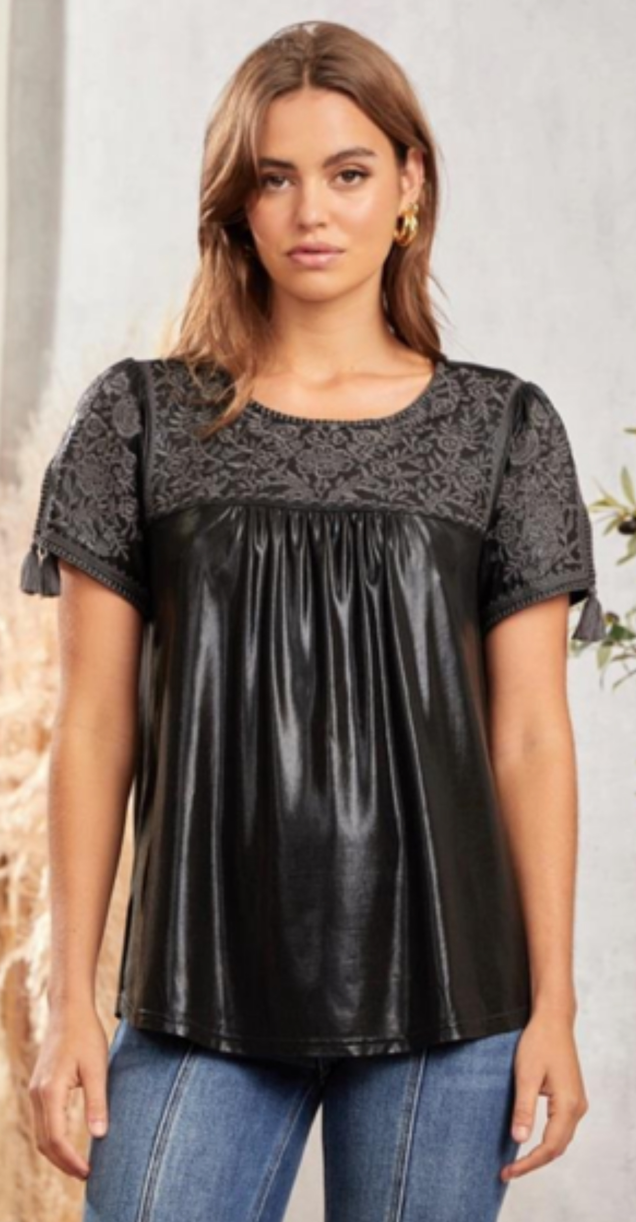 Black Faux Leather Blouse