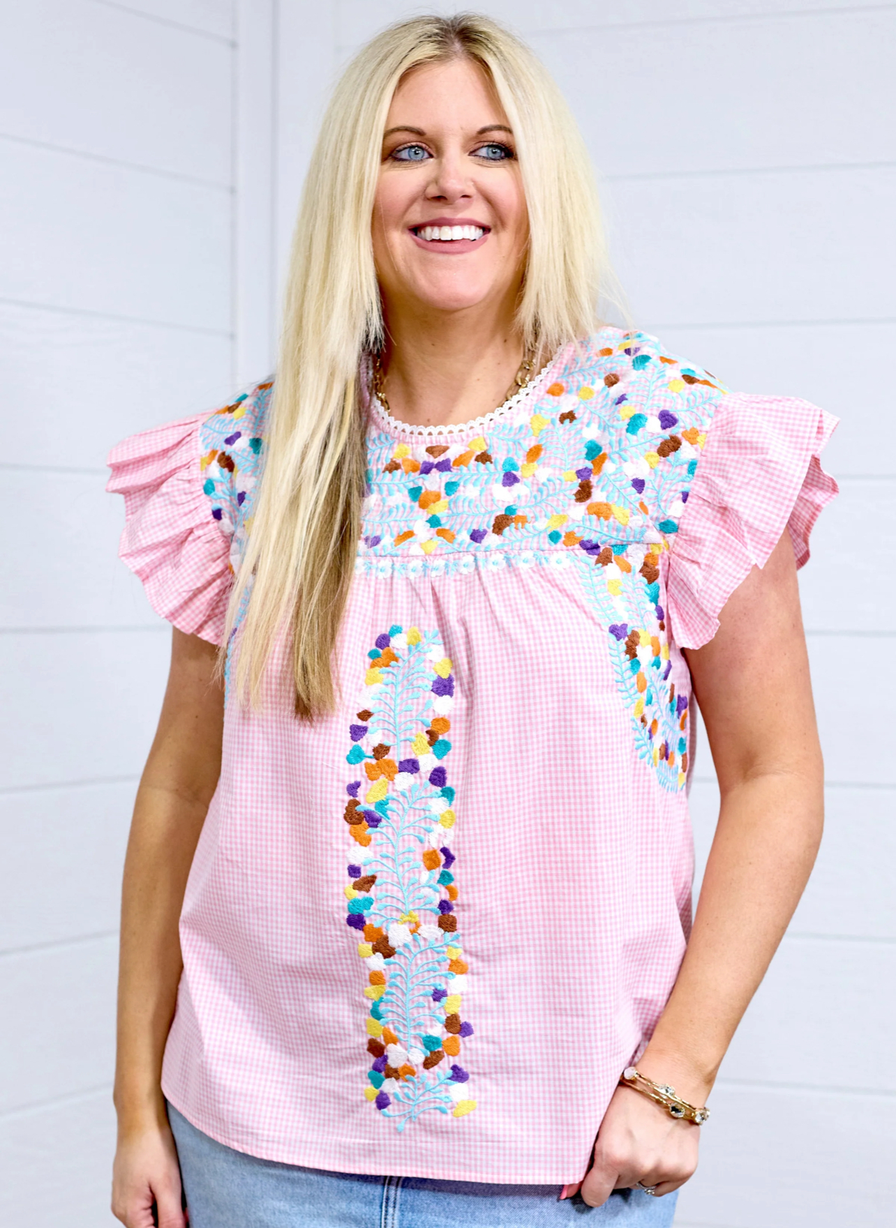 Pink embroidered ruffle blouse