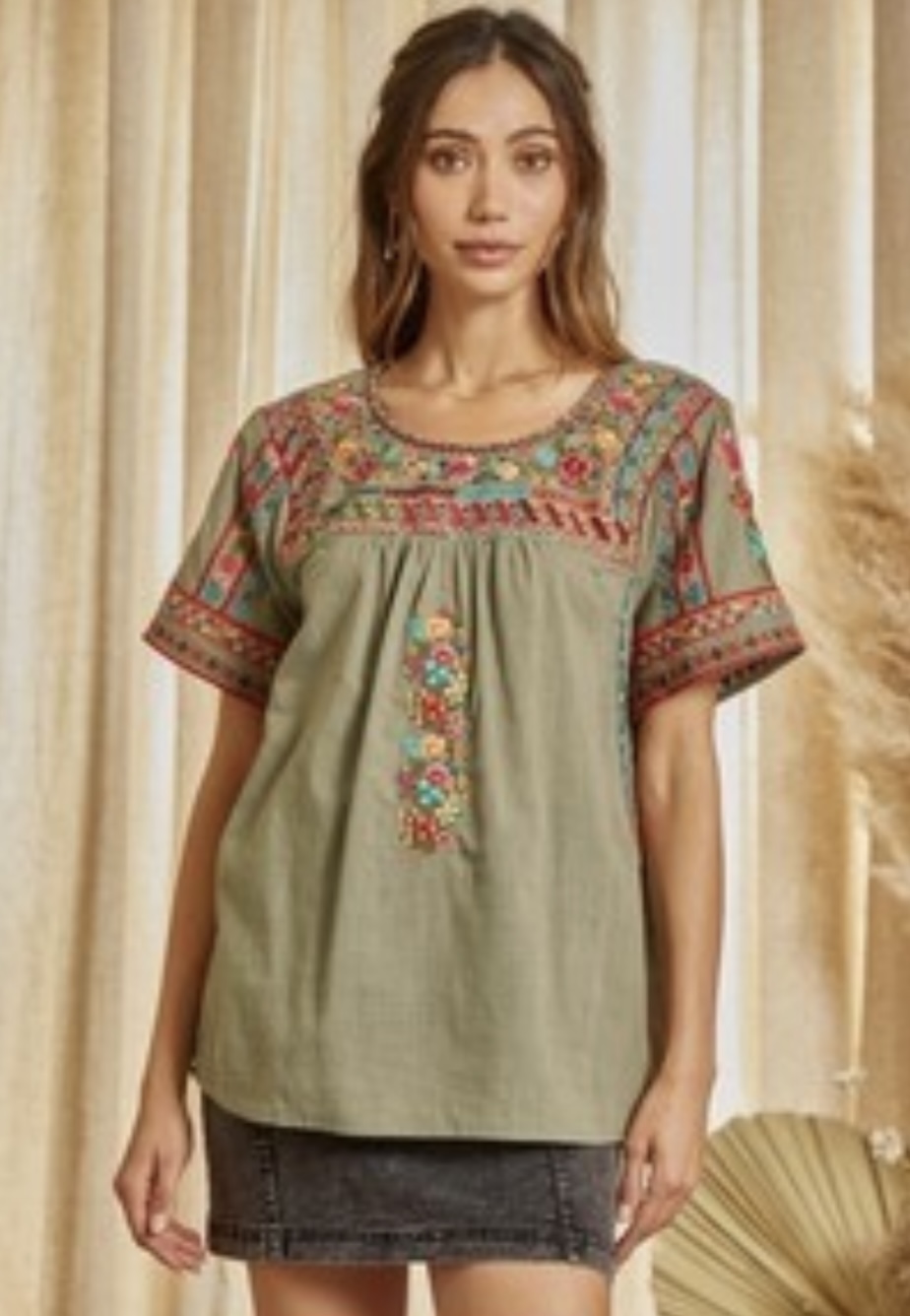 Embroidered Olive Blouse