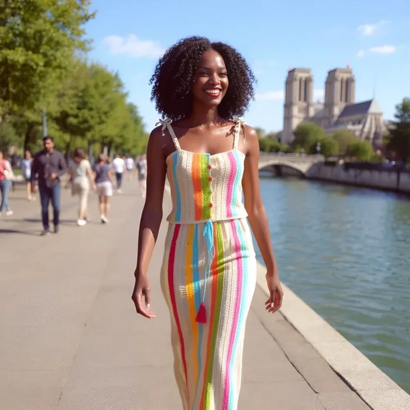 Ensemble femme au crochet Arcobaleno - sans manches aux rayures multicolores T 38/40