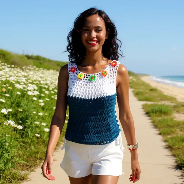 Haut en crochet fait main Daisy bicolore avec des motifs floraux T 38/42