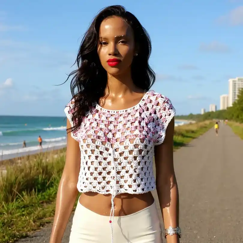 Haut  en crochet fait main Freshy - blanc et lavande T 38/10