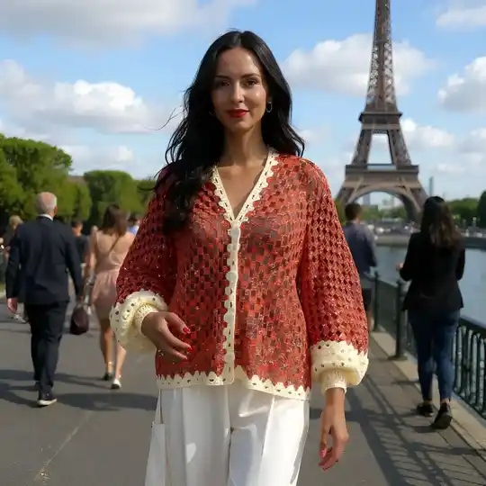Cardigan au crochet Peppino rouge et crème fait main avec des manches bouffantes