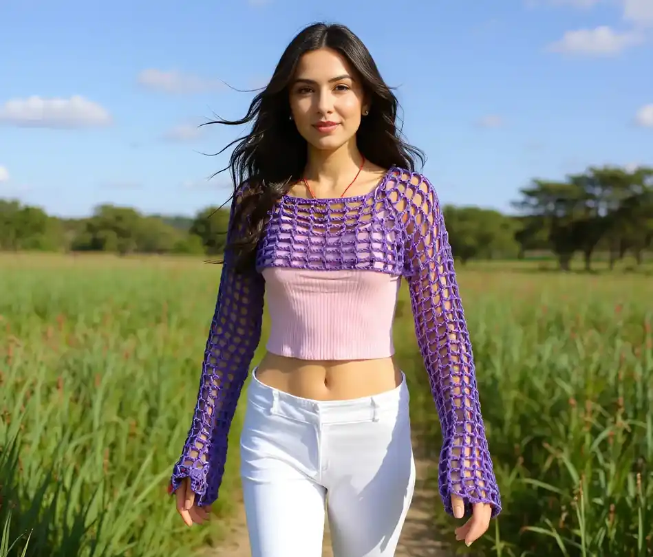 Crop top au crochet fait main Violetta à manches longues T 36/38