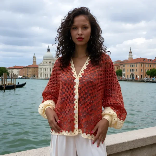 Cardigan au crochet Peppino rouge et crème fait main avec des manches bouffantes