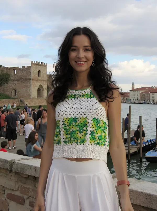 Haut en crochet fait main Avocado aux motifs verts et blancs T 40/42