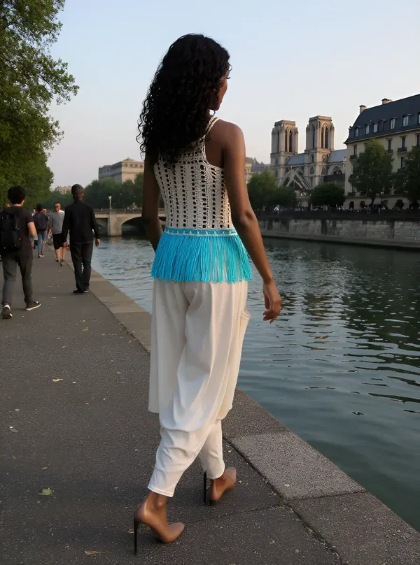 Haut en crochet fait main Frangine beige et turquoise T 38/40