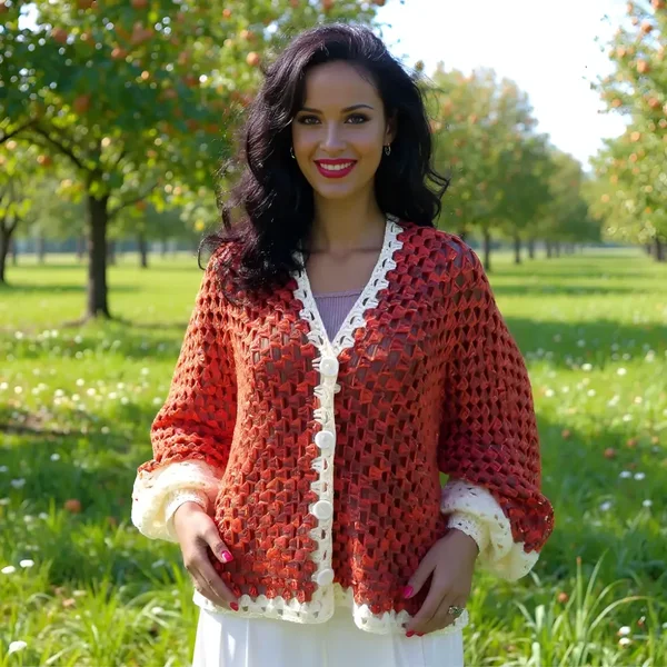 Cardigan au crochet Peppino rouge et crème fait main avec des manches bouffantes