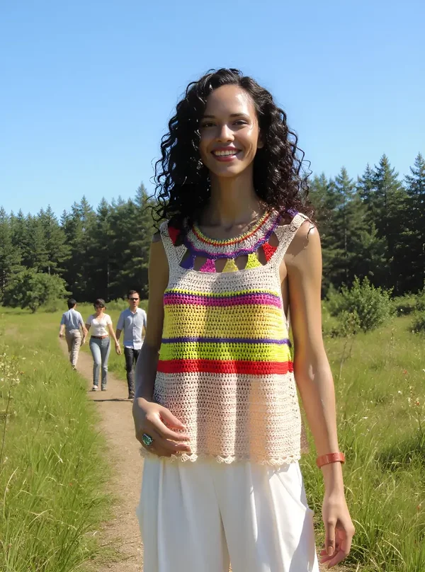 Haut en crochet fait main Cléopatra violet, jaune, vert, rouge et beige T 40/42