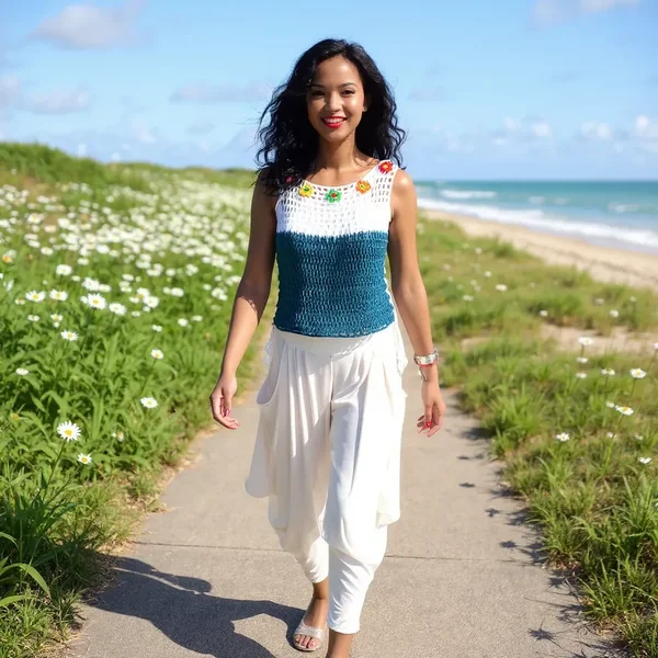 Haut en crochet fait main Daisy bicolore avec des motifs floraux T 38/42