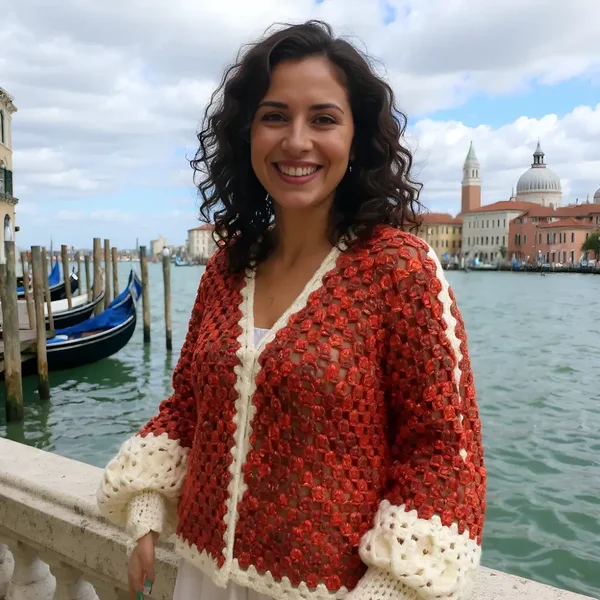 Cardigan au crochet Peppino rouge et crème fait main avec des manches bouffantes