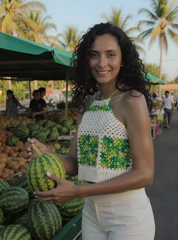 Haut en crochet fait main Avocado aux motifs verts et blancs T 40/42