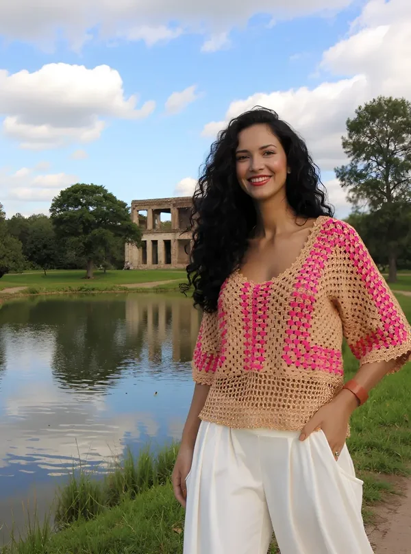 Haut en crochet fait main Crémarosa beige et rose - coupe ample T 40/42