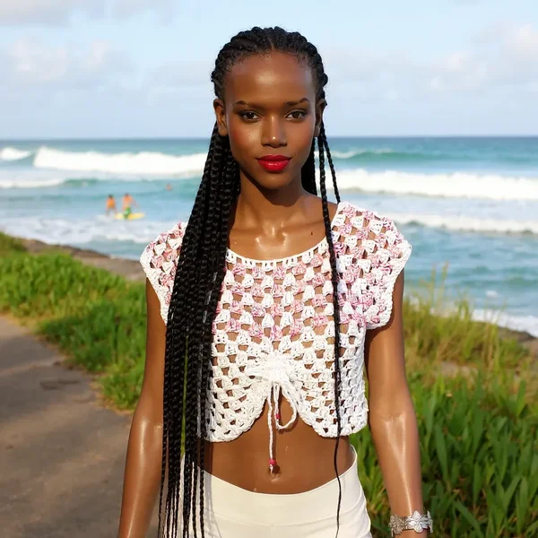 Haut  en crochet fait main Freshy - blanc et lavande T 38/10