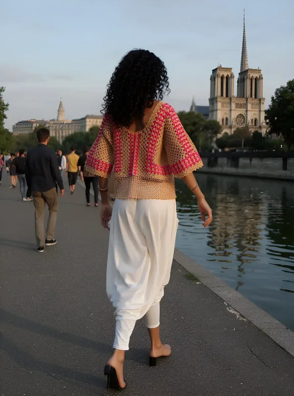 Haut en crochet fait main Crémarosa beige et rose - coupe ample T 40/42