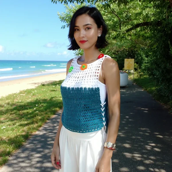 Haut en crochet fait main Daisy bicolore avec des motifs floraux T 38/42