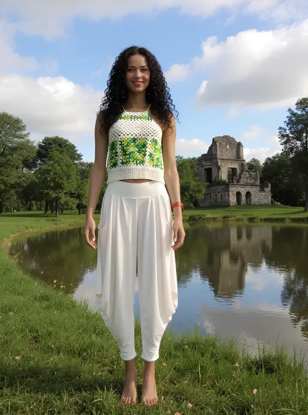 Haut en crochet fait main Avocado aux motifs verts et blancs T 40/42